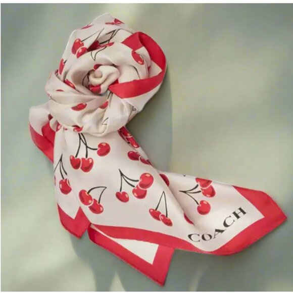 Coach Cherry Swirl Silk Square Scarf White Red 35x35 Neck Head Wrap - Picture 1 of 6